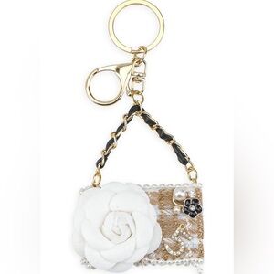Elegant White and Gold Floral Keychain or Bag Charm